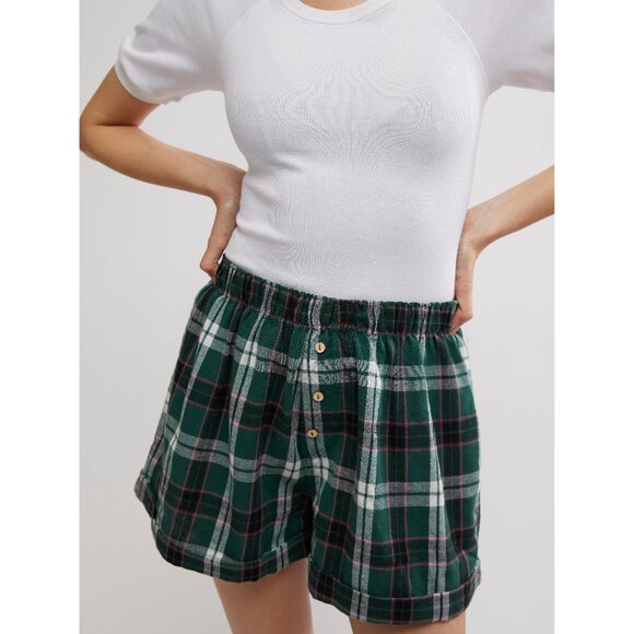 FREE PEOPLE Sunday Morning Boxer Shorts / Evergreen Combo - Picture 1 of 5